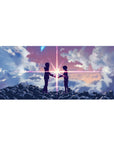 Anime desk pad 36x16 inches with two silhouetted teens and a starburst over ink-dark clouds.