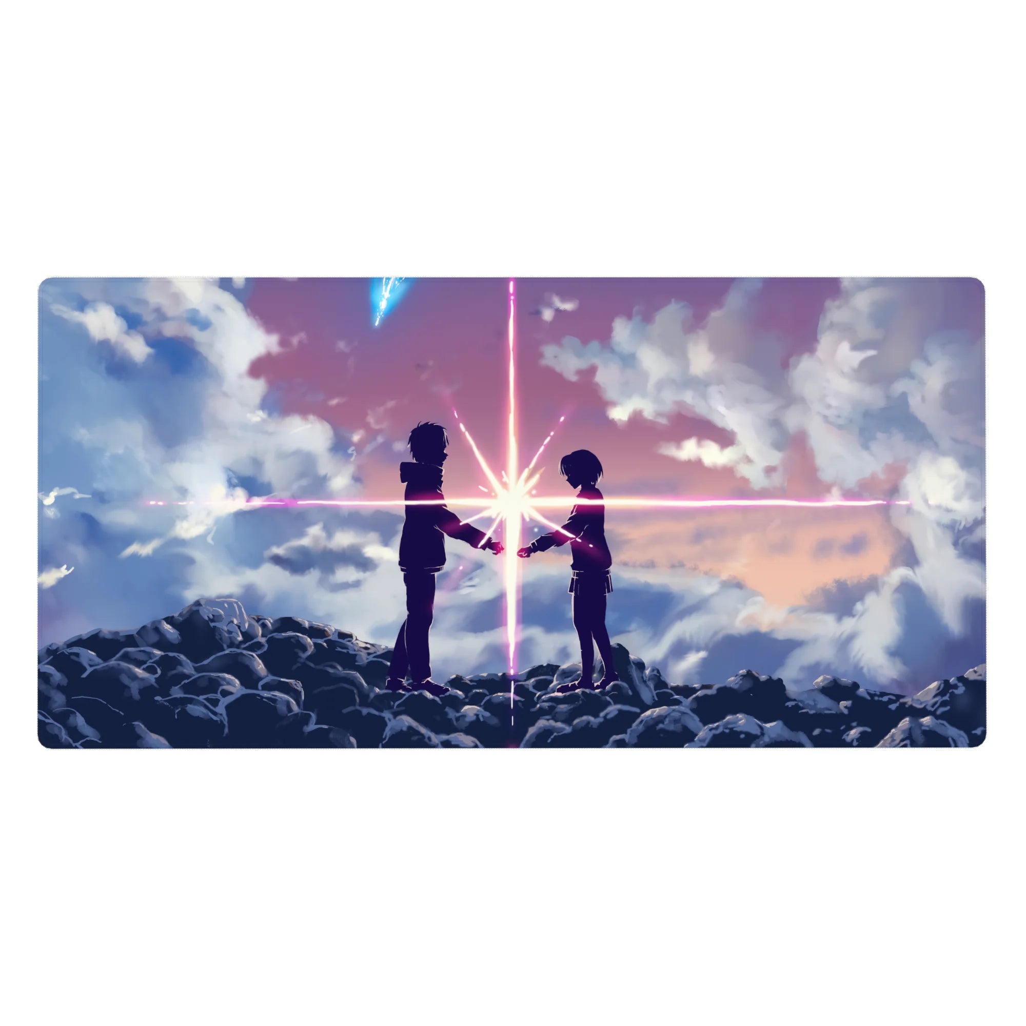 40x20 inches anime desk pad with two teens on dark clouds, starburst between hands, sunset beams.