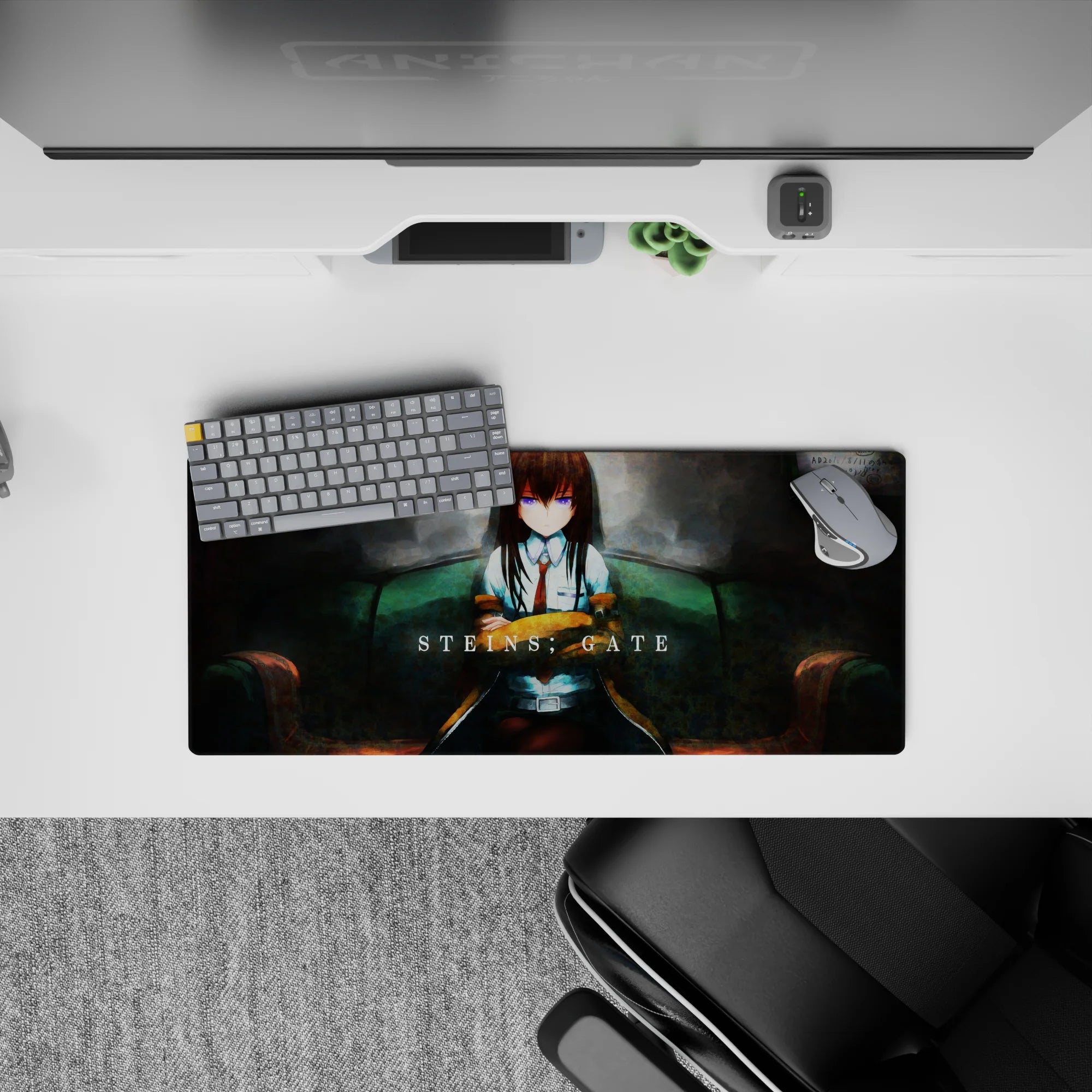 Moody anime girl mouse pad 28x12 inches with smoky teal, muted reds, and soft shadowed lab vibes.