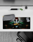 Moody anime girl mouse pad 28x12 inches with smoky teal, muted reds, and soft shadowed lab vibes.
