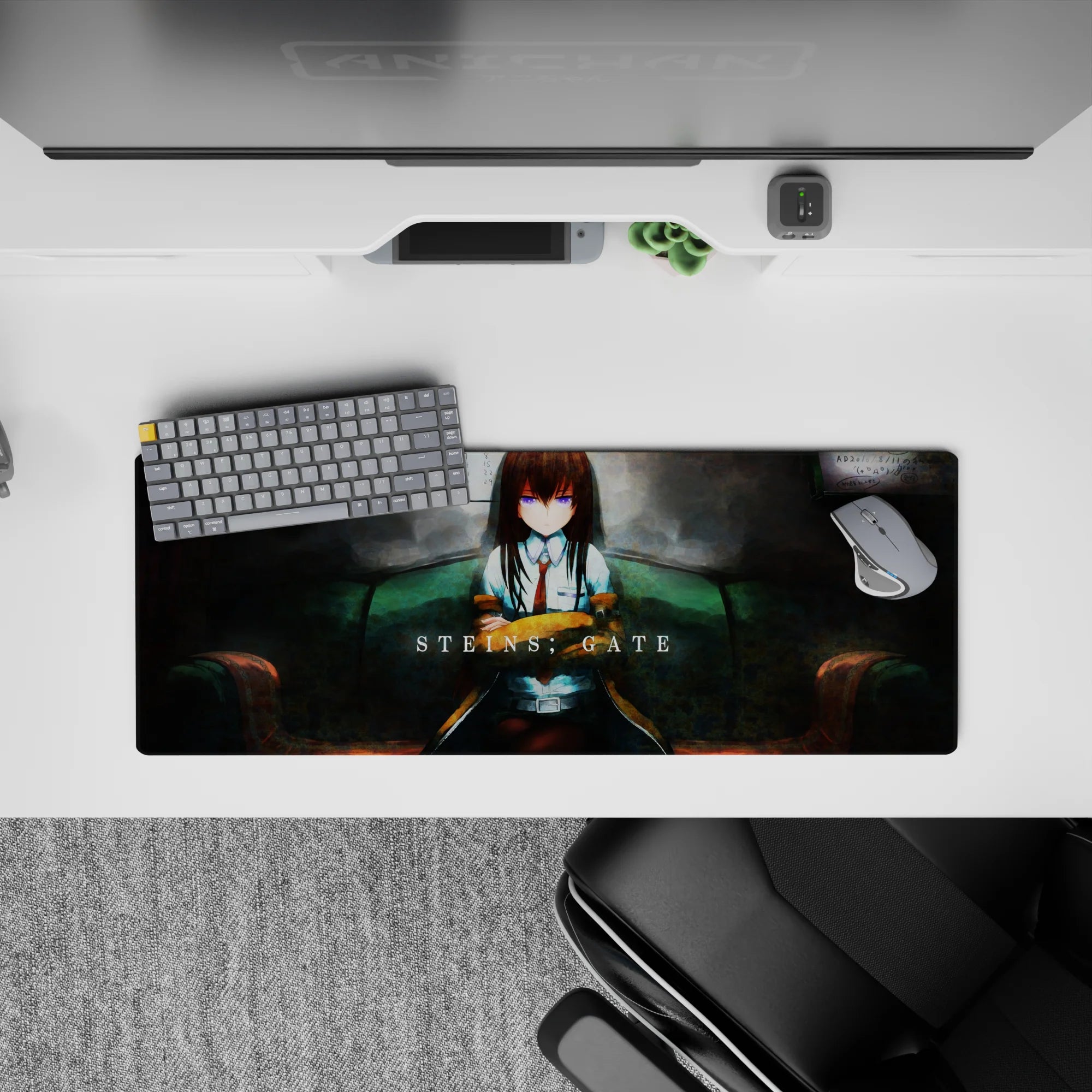 Moody anime mouse pad 32x12 inches in smoky teal, muted red, and soft-shadowed lab vibes.