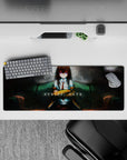 Moody anime mouse pad 32x12 inches in smoky teal, muted red, and soft-shadowed lab vibes.