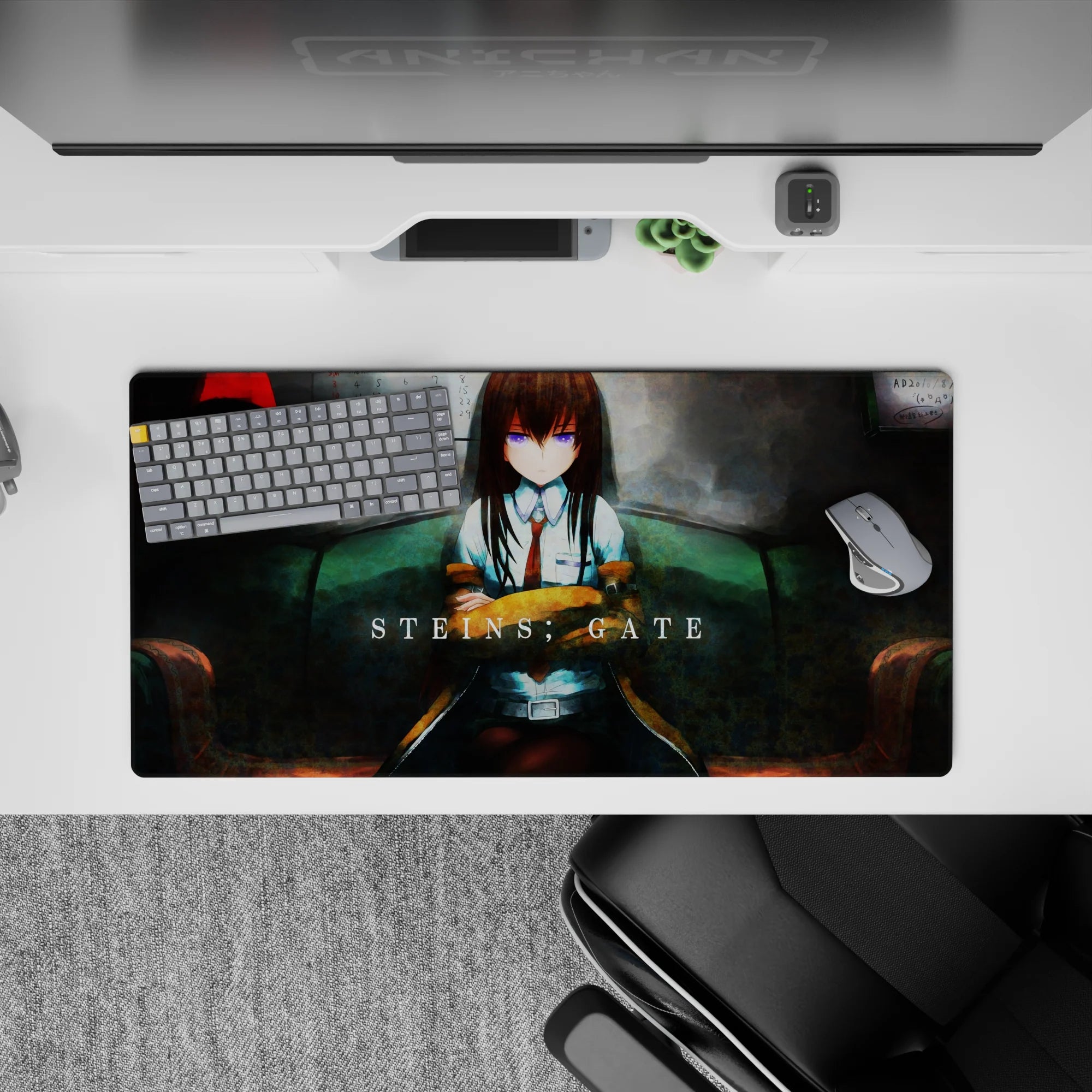 32x16 inches anime girl mouse pad in smoky teal, muted red, and soft shadows with a wistful lab mood.