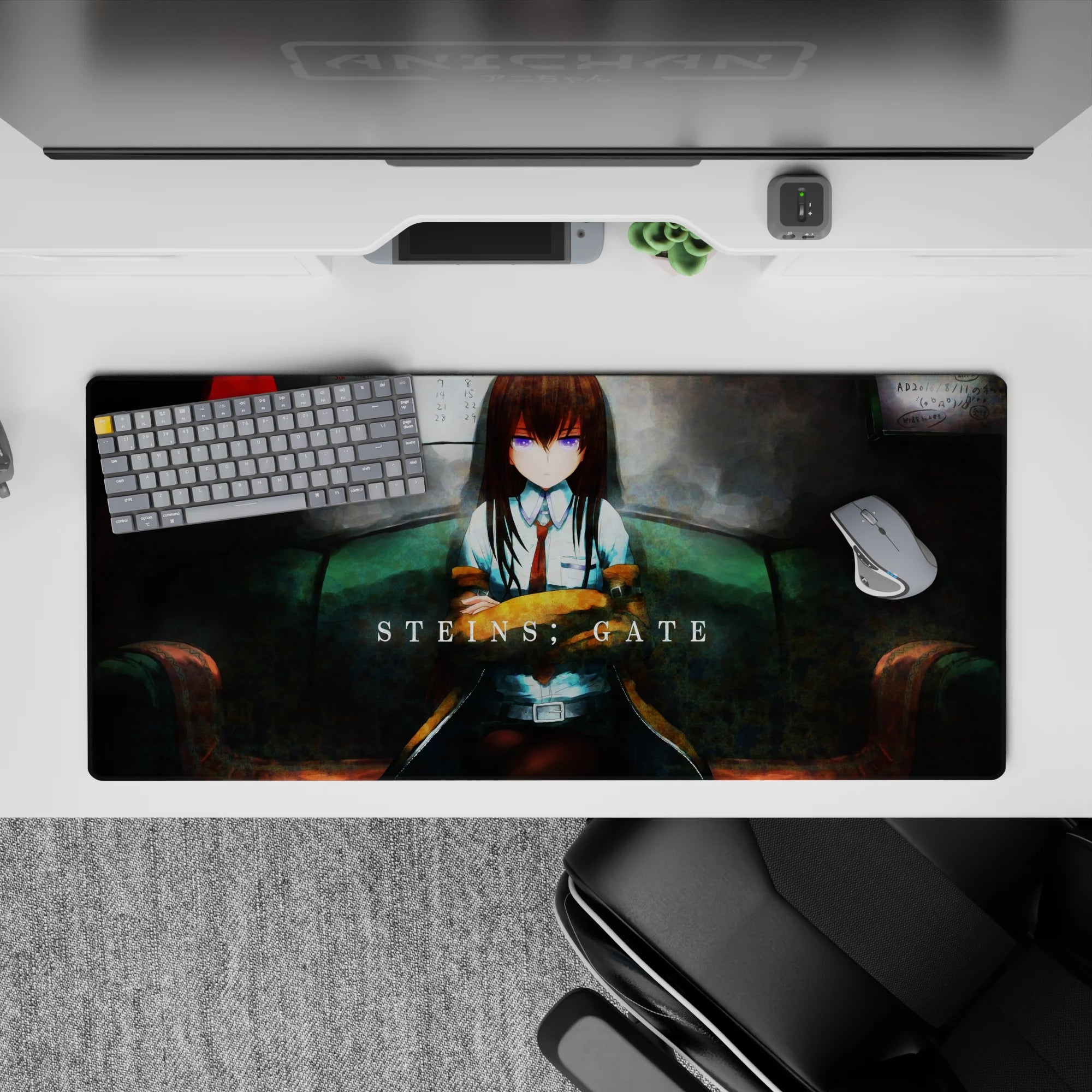 Moody teal and muted red anime desk pad 36x16 inches with soft shadows and worn lab textures.
