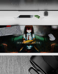 Moody teal and muted red anime desk pad 36x16 inches with soft shadows and worn lab textures.