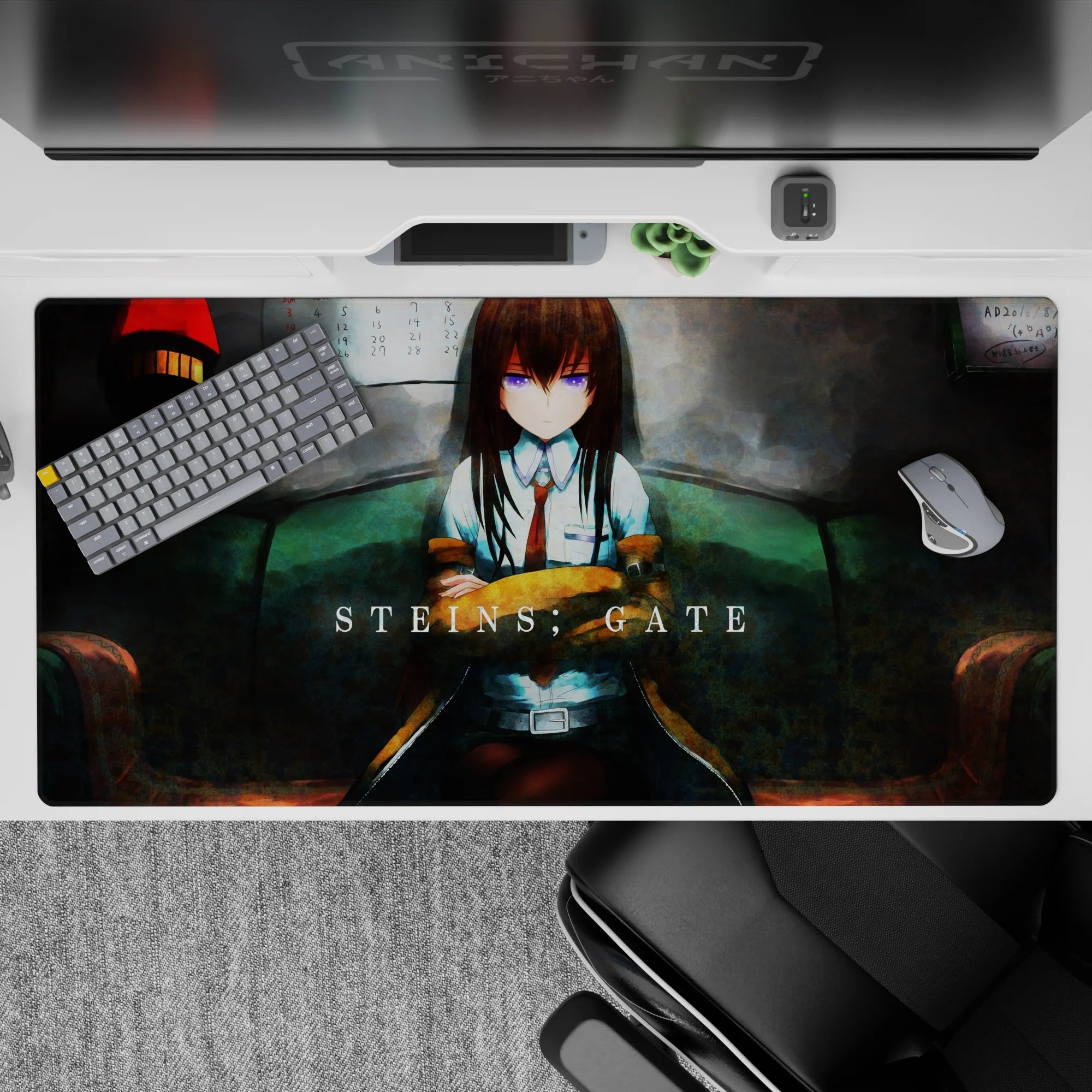 Moody teal and muted red anime desk pad 40x20 inches with soft shadows and worn lab textures.