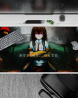 Moody teal and muted red anime desk pad 40x20 inches with soft shadows and worn lab textures.