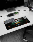 Kurisu Makise anime girl mouse pad 28x12 inches, seated with folded arms and a sharp violet stare.