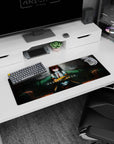 Kurisu Makise anime mouse pad 32x12 inches, seated with folded arms and a sharp violet stare.