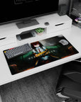 Kurisu Makise 32x16 inches mouse pad, seated with folded arms, violet eyes, tie, and lab coat.