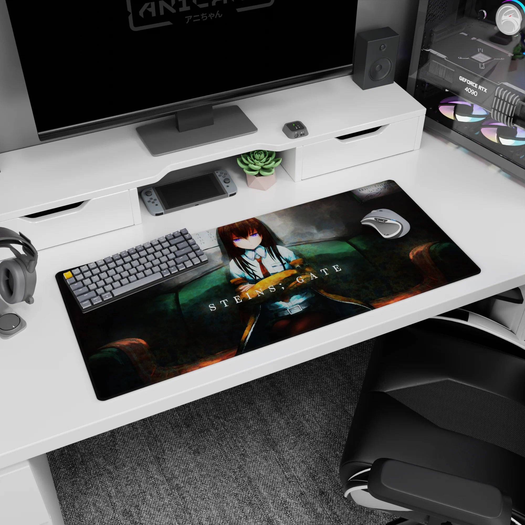 Kurisu Makise anime desk pad 36x16 inches, seated with folded arms, violet eyes, shirt and red tie.
