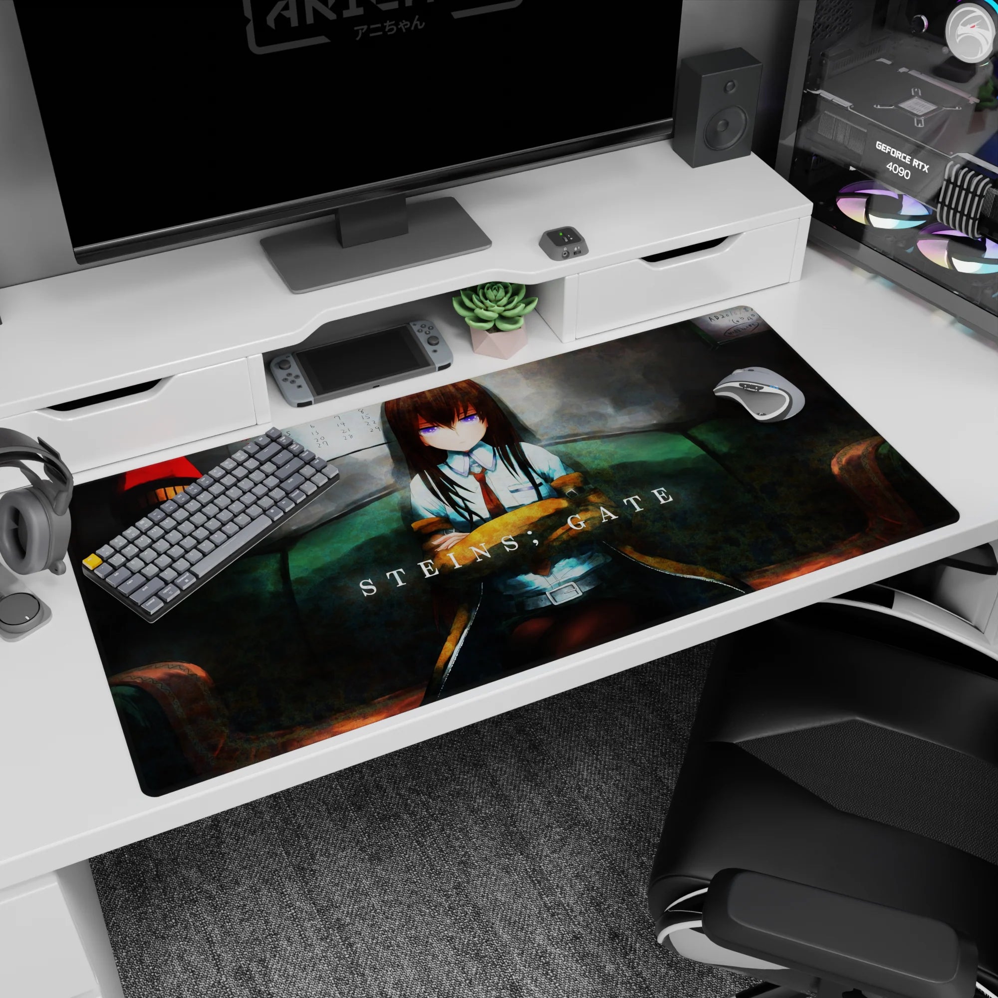 Kurisu Makise anime desk pad 40x20 inches, seated with folded arms and a sharp violet stare.