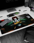 Kurisu Makise anime desk pad 40x20 inches, seated with folded arms and a sharp violet stare.