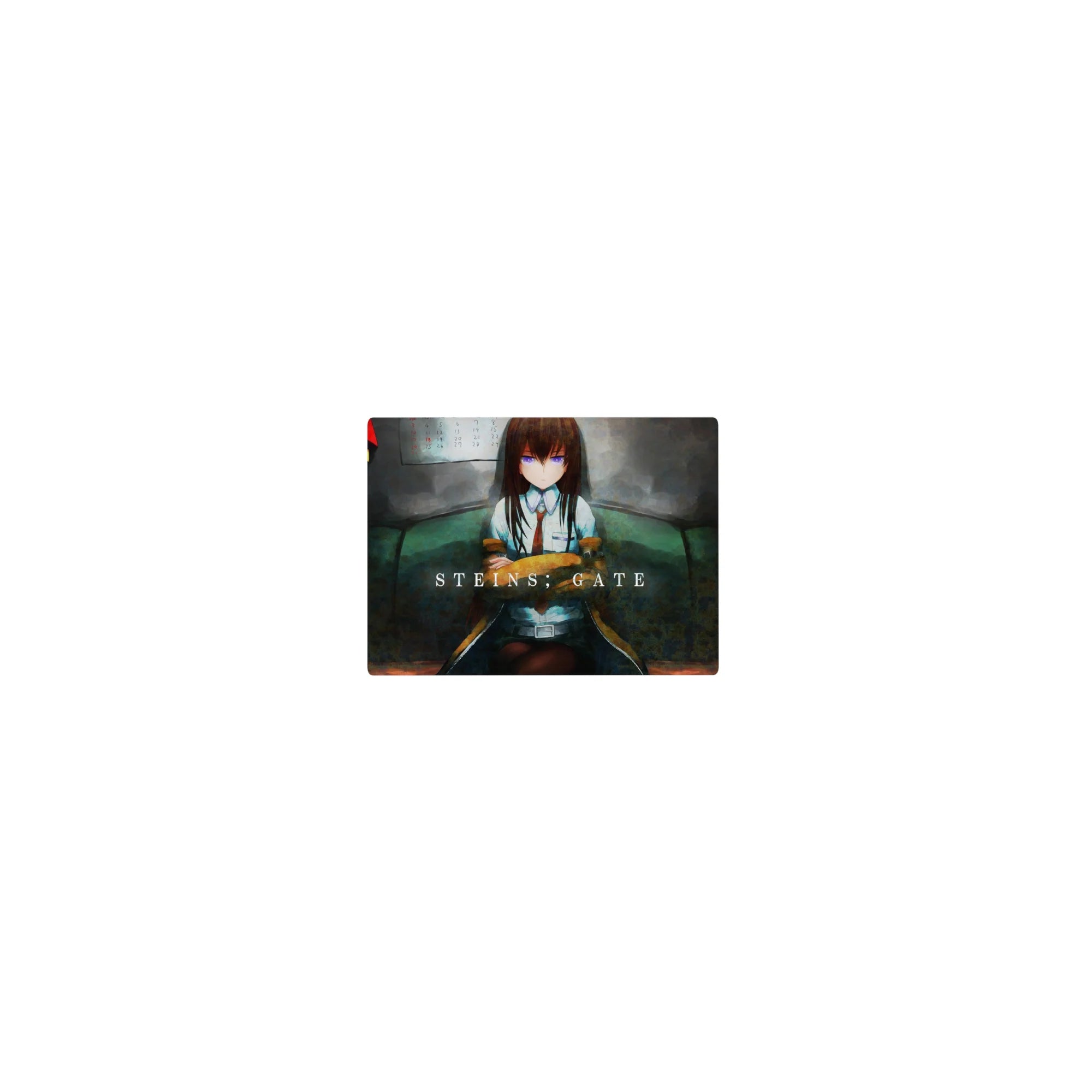 Kurisu Makise anime girl mouse pad, 14x10 inches, lab coat portrait with moody late-night lab style.