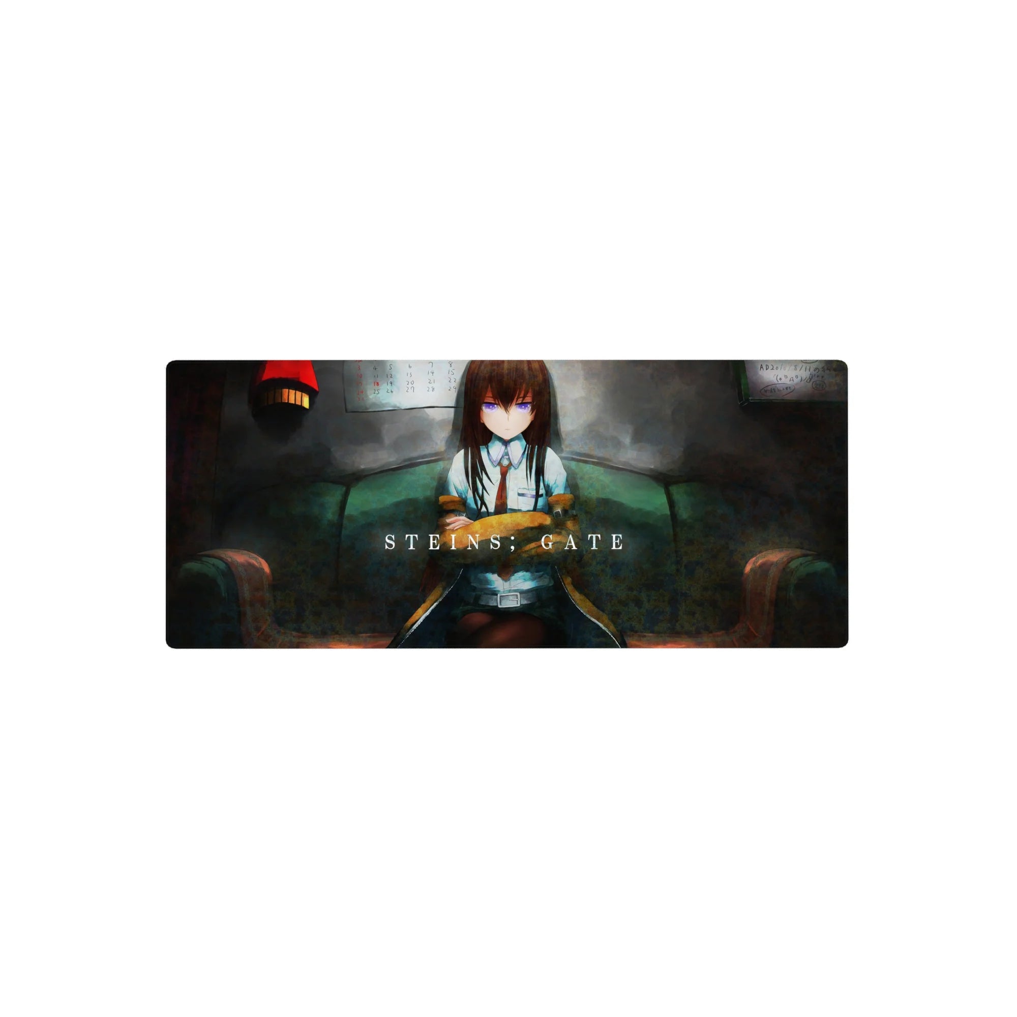 Anime girl mouse pad 28x12 inches with lab coat beauty on teal sofa in a moody late-night room.