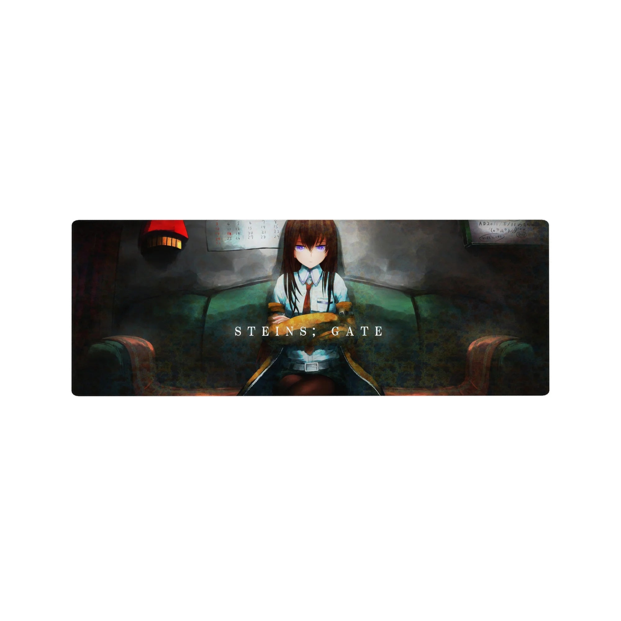 Anime girl mouse pad 32x12 inches with lab coat beauty on teal sofa in a moody late-night room.