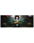 Anime girl mouse pad 32x12 inches with lab coat beauty on teal sofa in a moody late-night room.