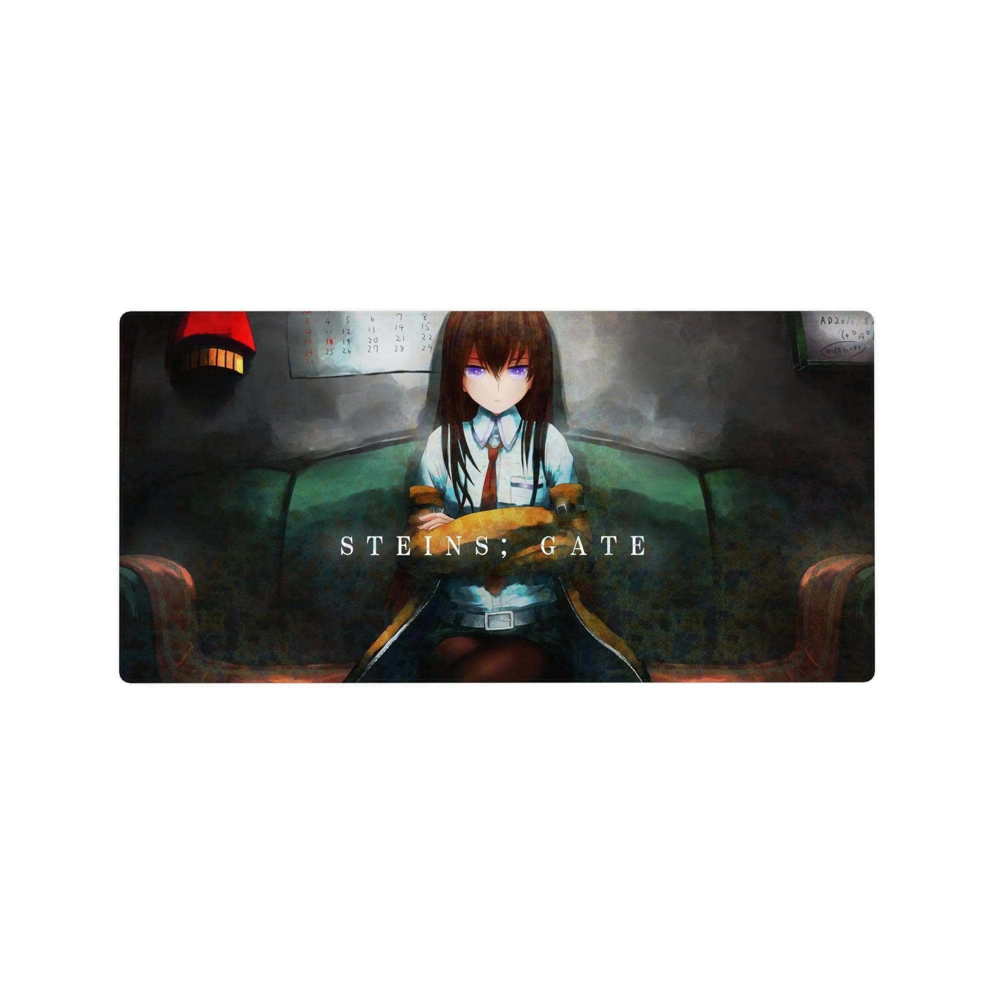 Anime girl mouse pad 32x16 inches with lab coat beauty on teal sofa in a moody late-night room.