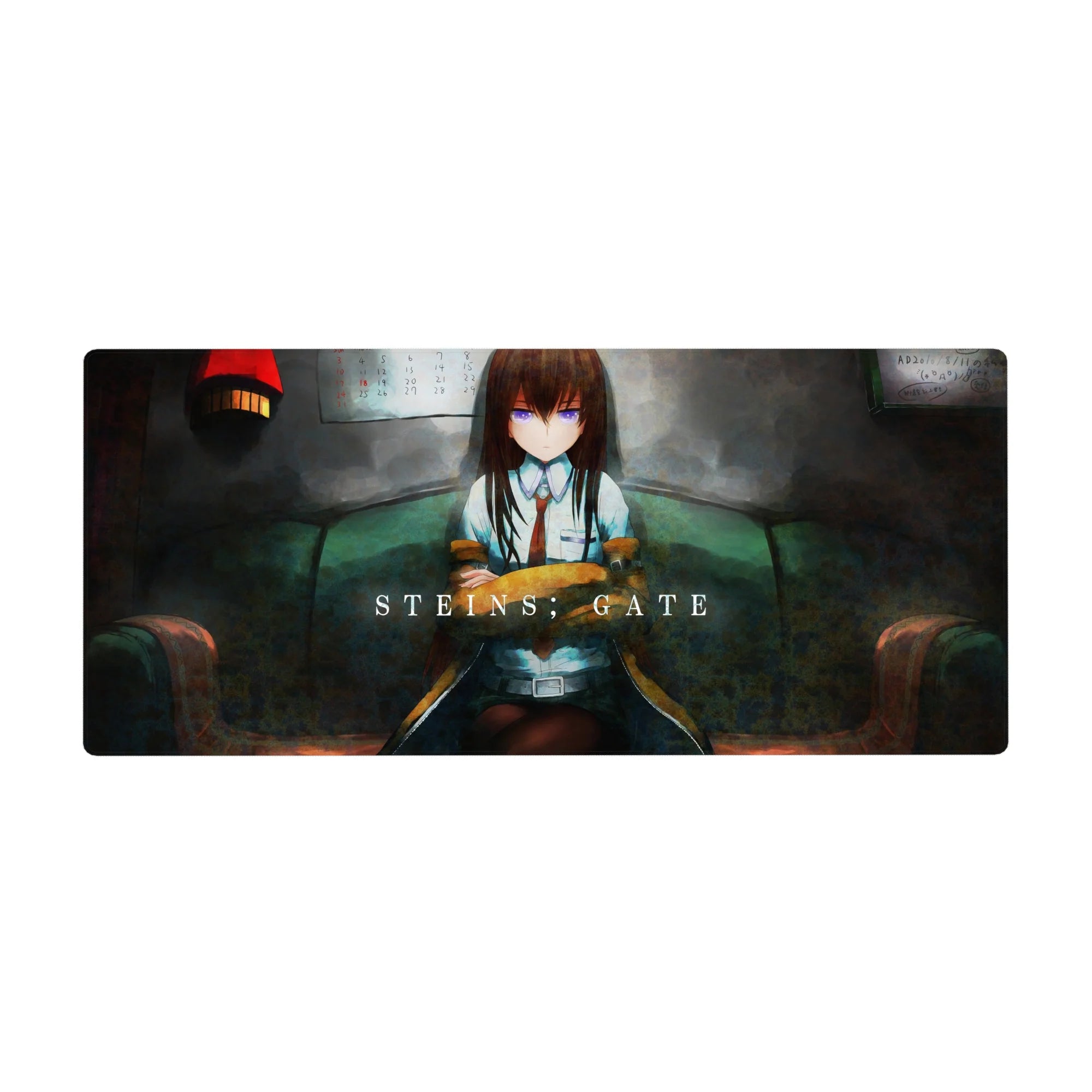 Anime girl desk pad 36x16 inches with lab coat beauty on teal sofa in a moody late-night room.