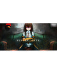 Anime girl desk pad 36x16 inches with lab coat beauty on teal sofa in a moody late-night room.