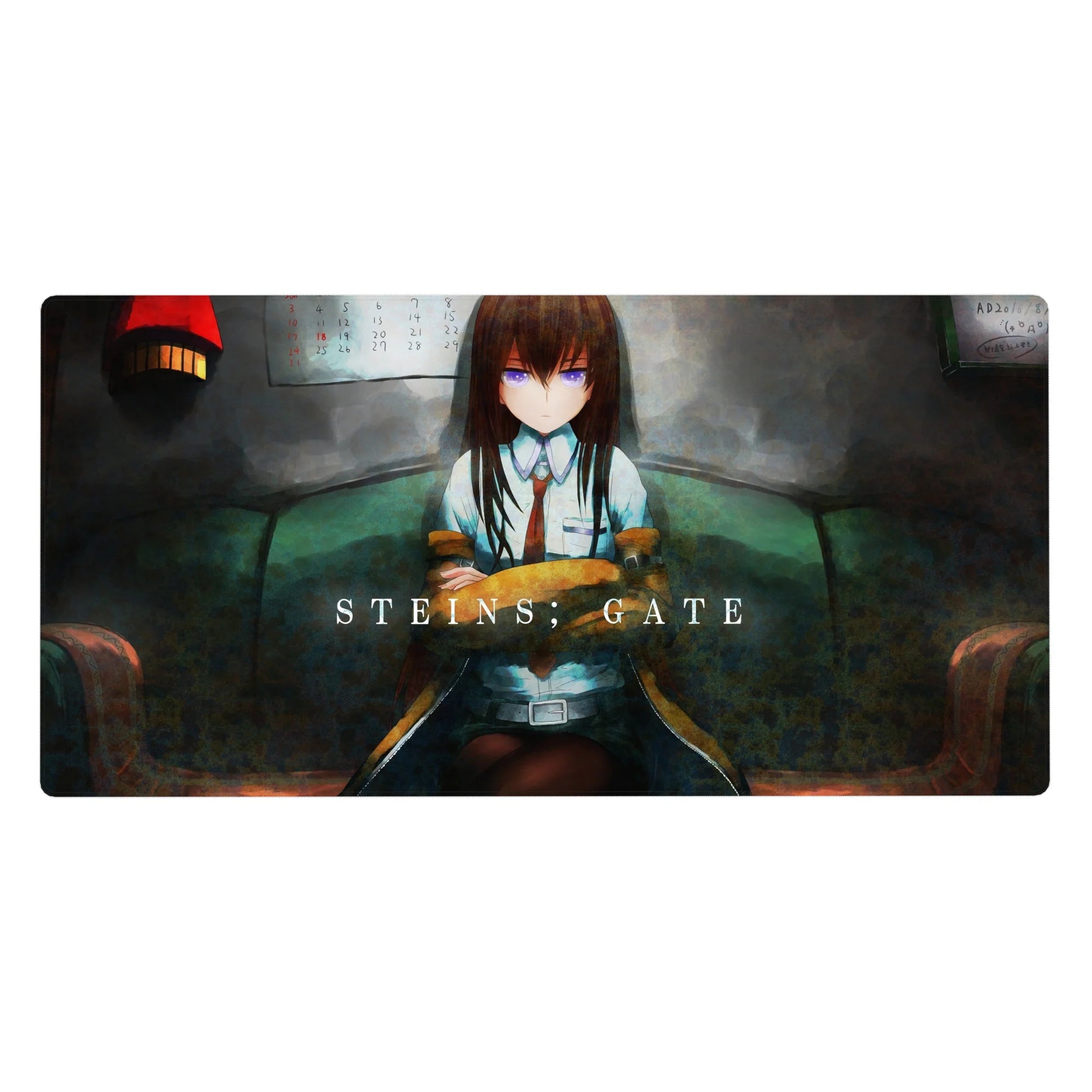 Anime girl desk pad 40x20 inches with lab coat beauty on teal sofa in a moody late-night room.