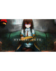 Anime girl desk pad 40x20 inches with lab coat beauty on teal sofa in a moody late-night room.