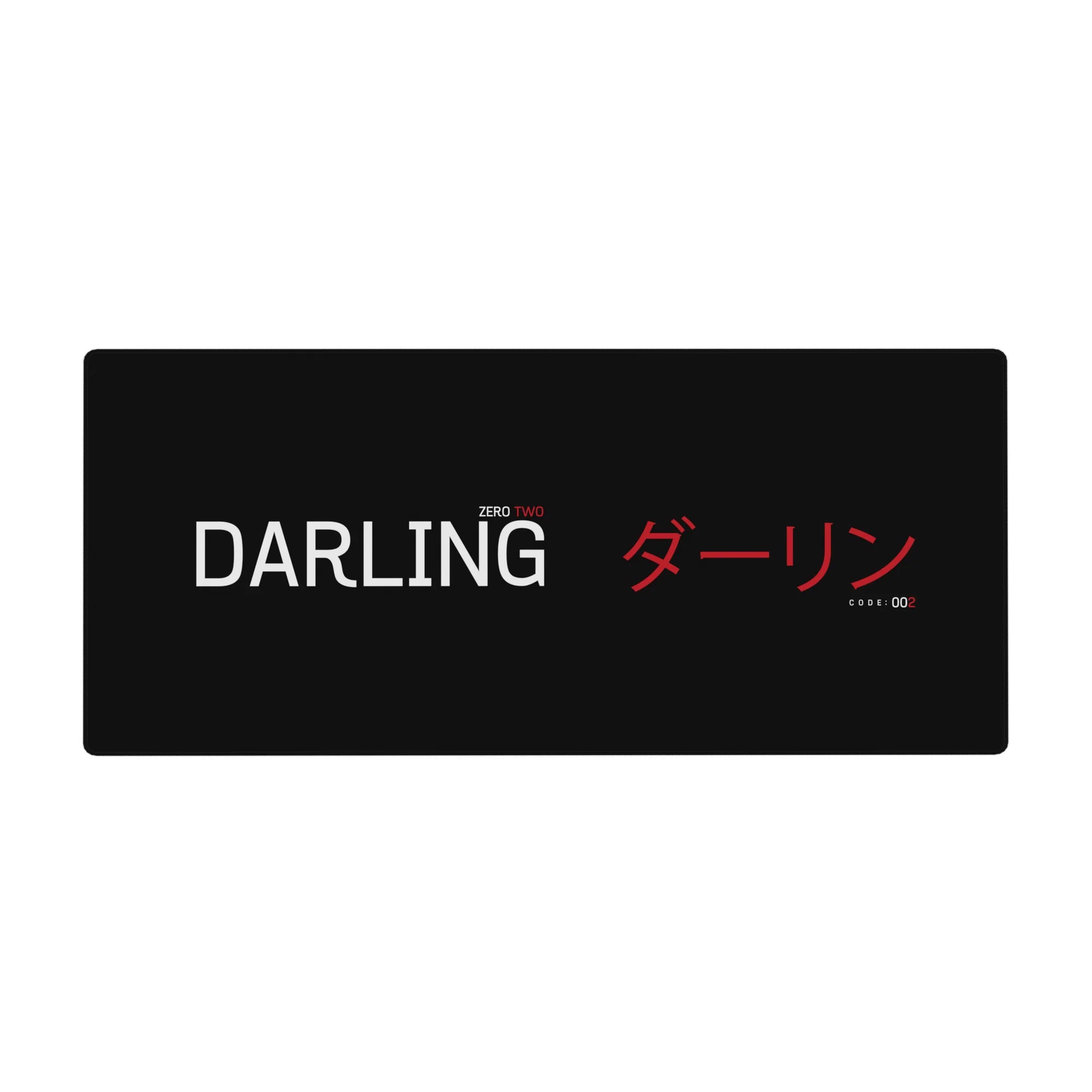 Mouse pad featuring Zero Two design, 36x16 inches, with red and white typography on a black background for a clean, minimalist anime look.