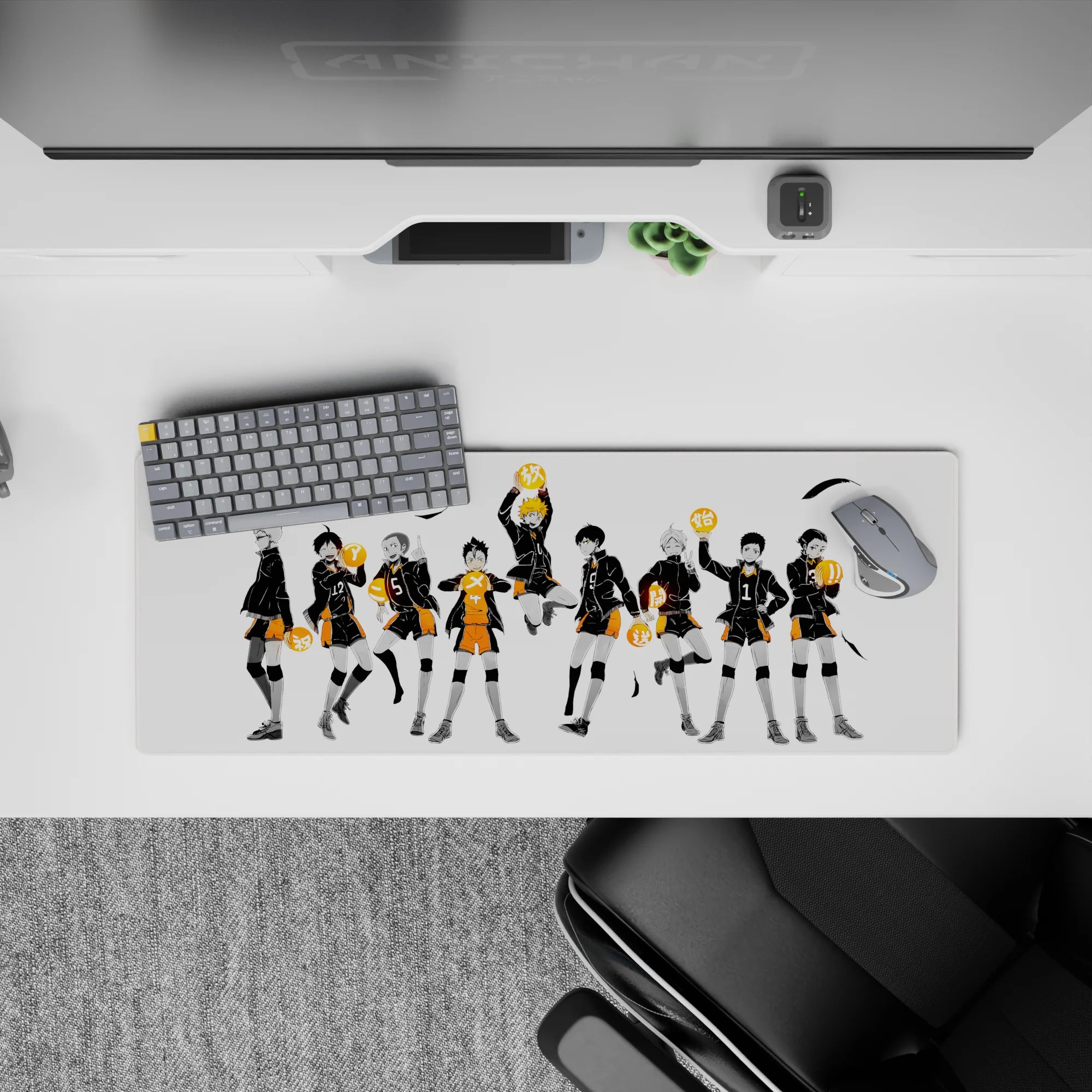 Dramatic anime mouse pad 32x12 inches in black and orange on clean white, bold sporty vibe.