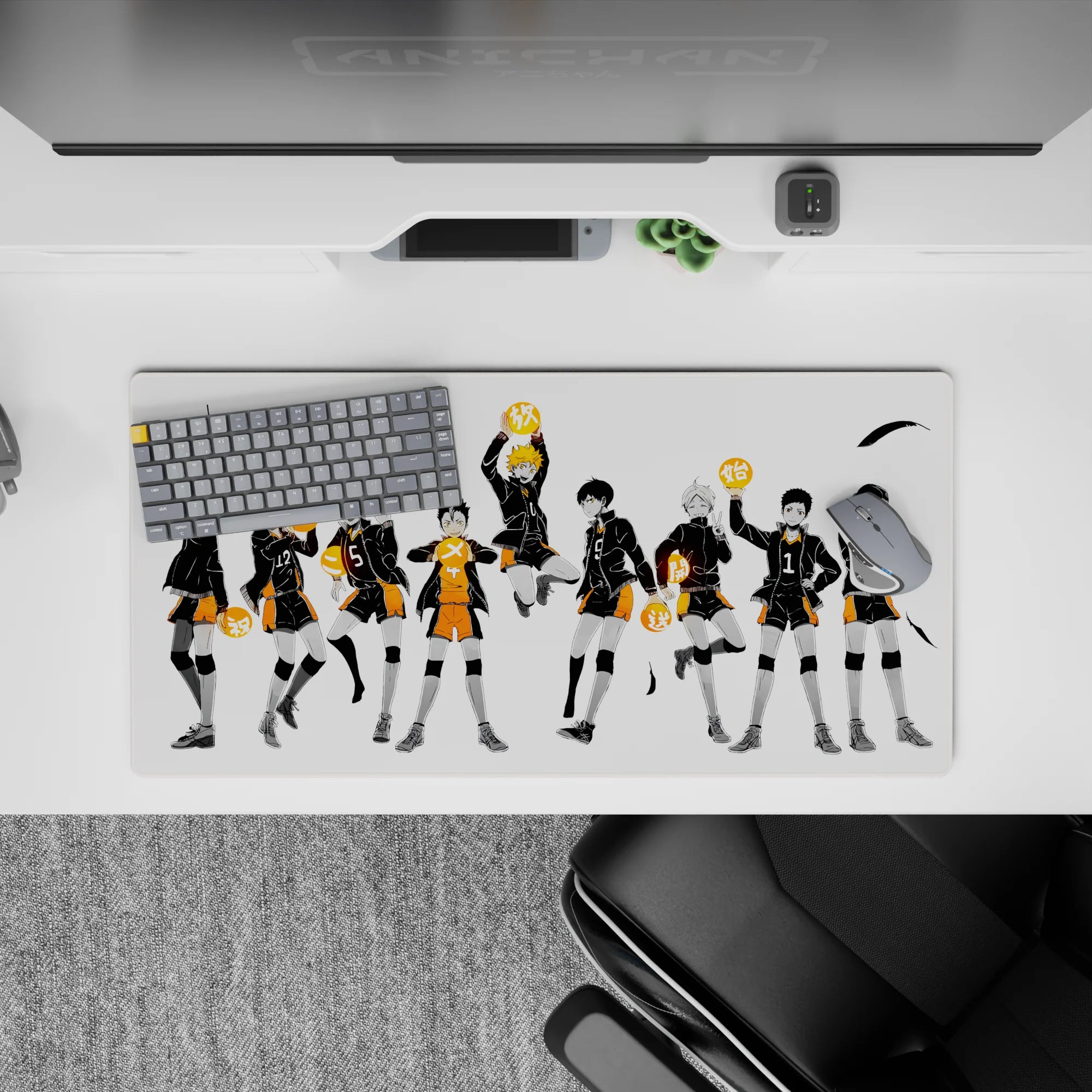 Dramatic white-space anime mouse pad 32x16 inches with sharp ink strokes, black feathers, orange accents.
