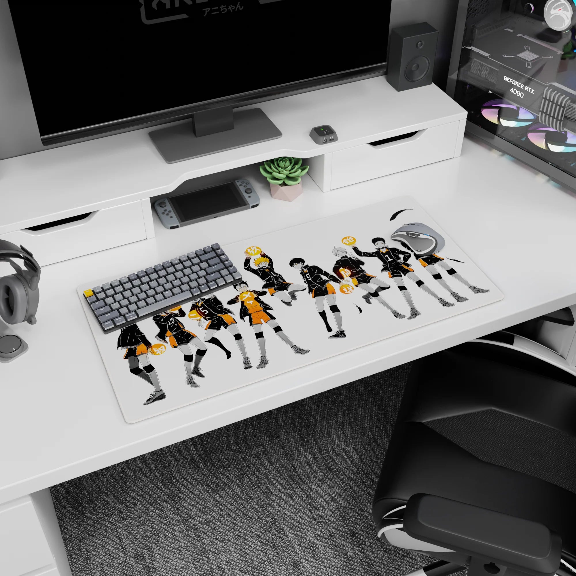 Hinata mid-jump with Kageyama posing on Haikyuu anime mouse pad 32x16 inches, crisp jersey numbers.