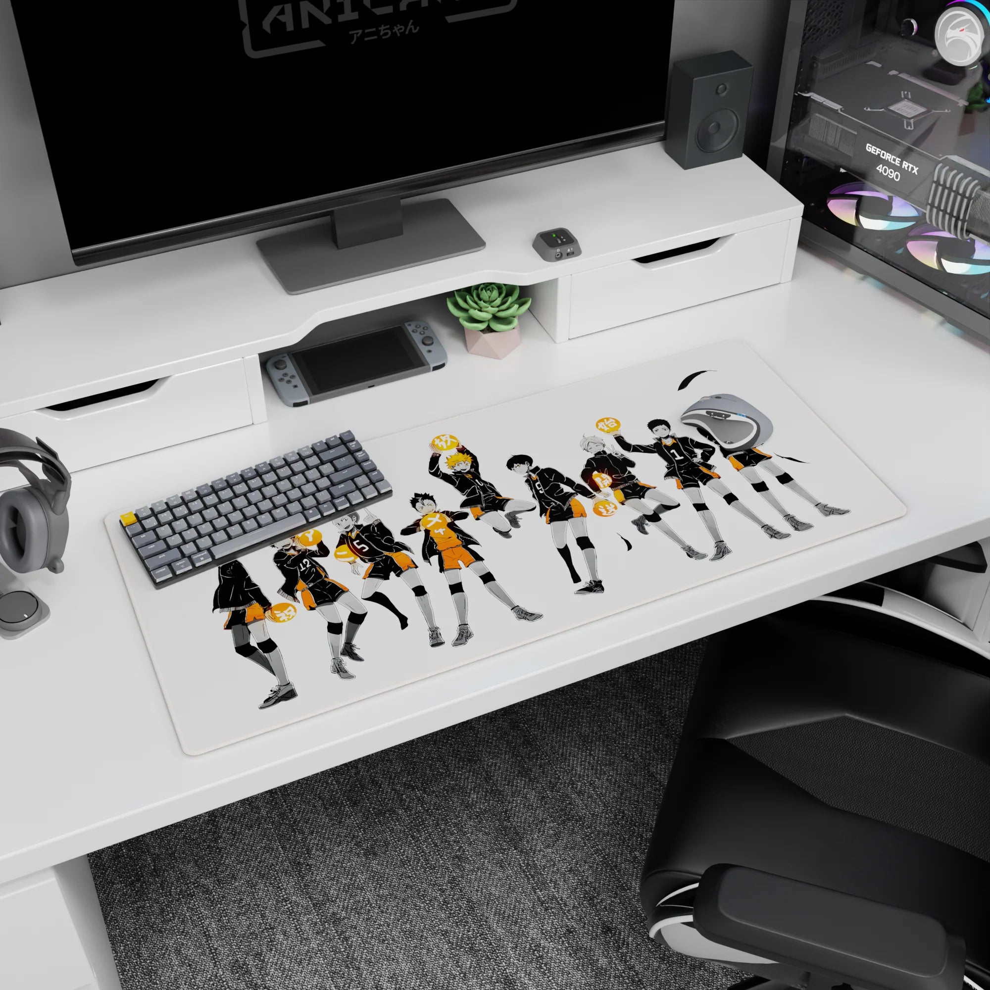 Hinata jumping with Kageyama beside him on Haikyuu desk pad 36x16 inches, in black jackets and orange shorts.