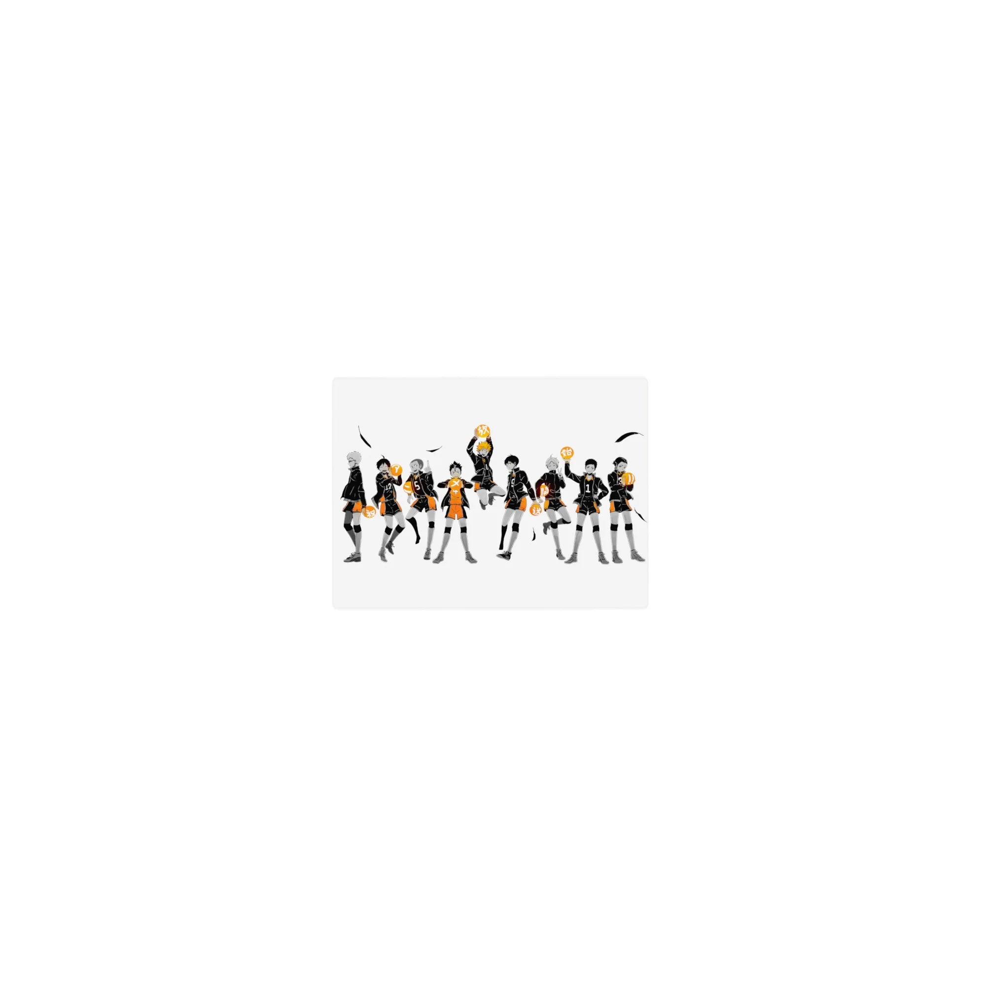 Classic Haikyuu-style anime mouse pad 14x10 inches with volleyball team lineup, clean white space, feathers.