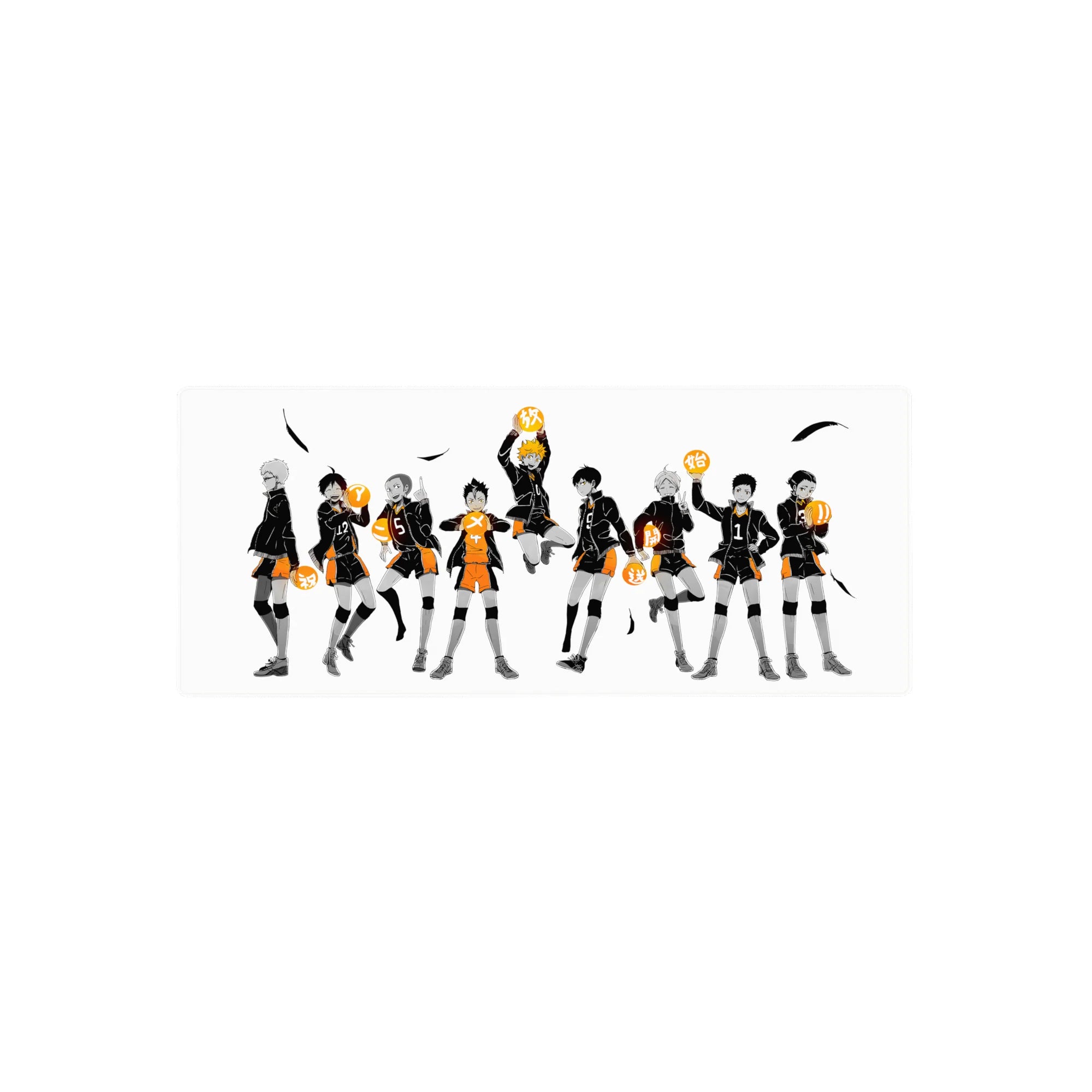 Haikyuu anime mouse pad 28x12 inches with Hinata, Kageyama, team lineup, feathers, clean white space.