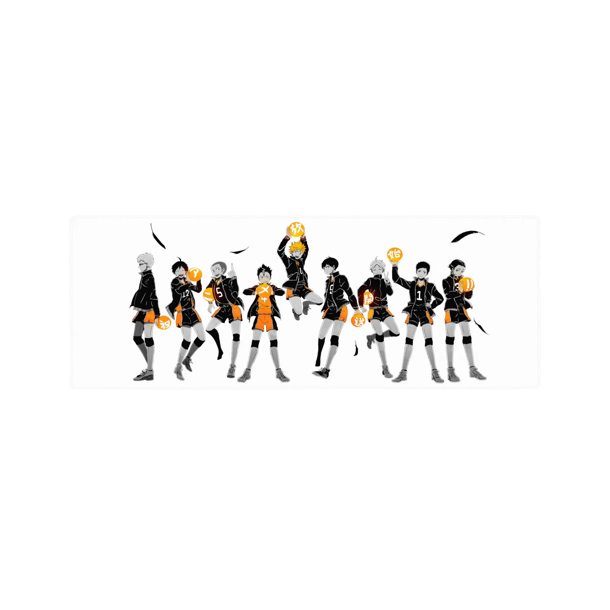 Haikyuu!! anime mouse pad 32x12 inches with team lineup, white space, sharp ink, black feathers.