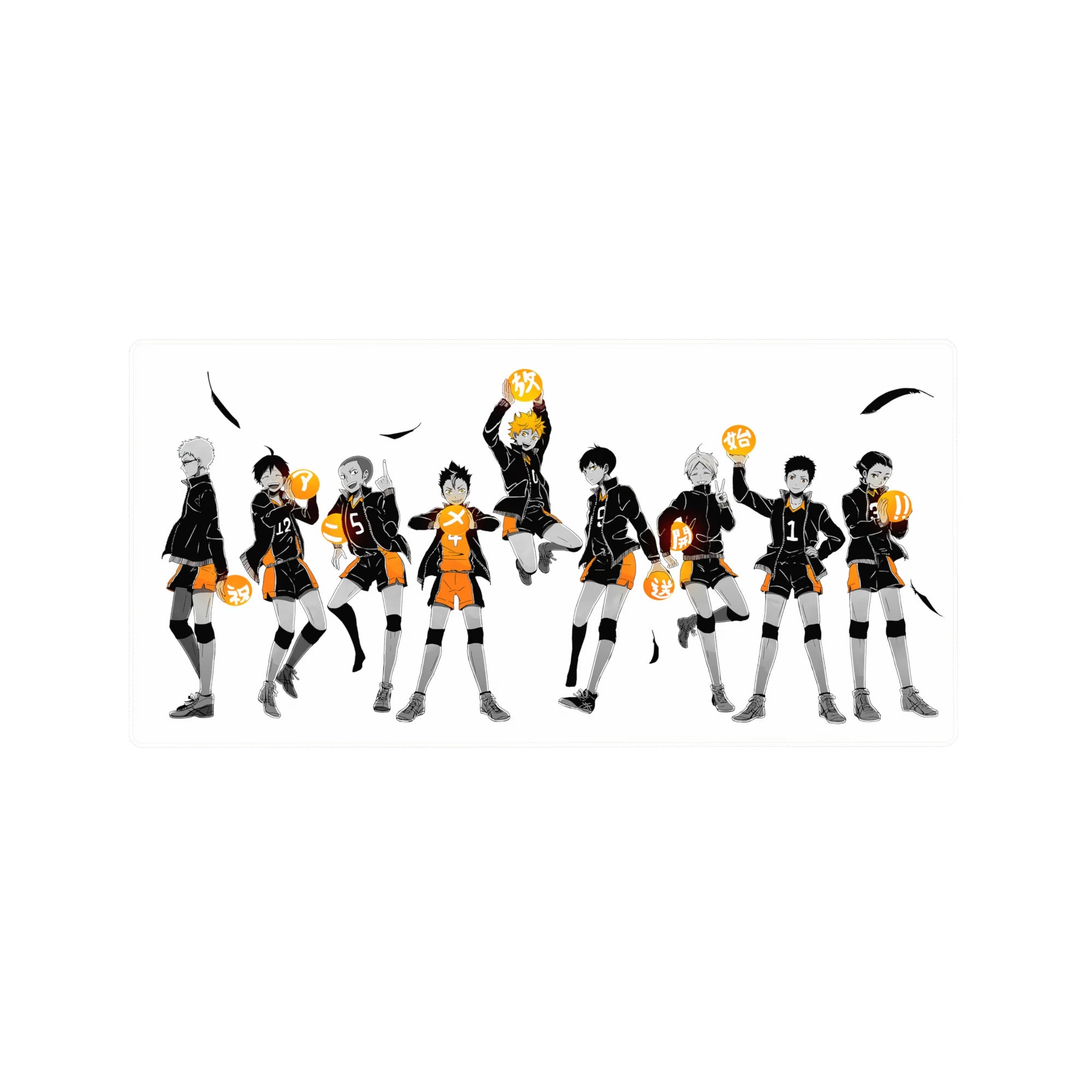 Haikyuu anime mouse pad 32x16 inches with Hinata and team in black jackets, orange shorts, white backdrop.