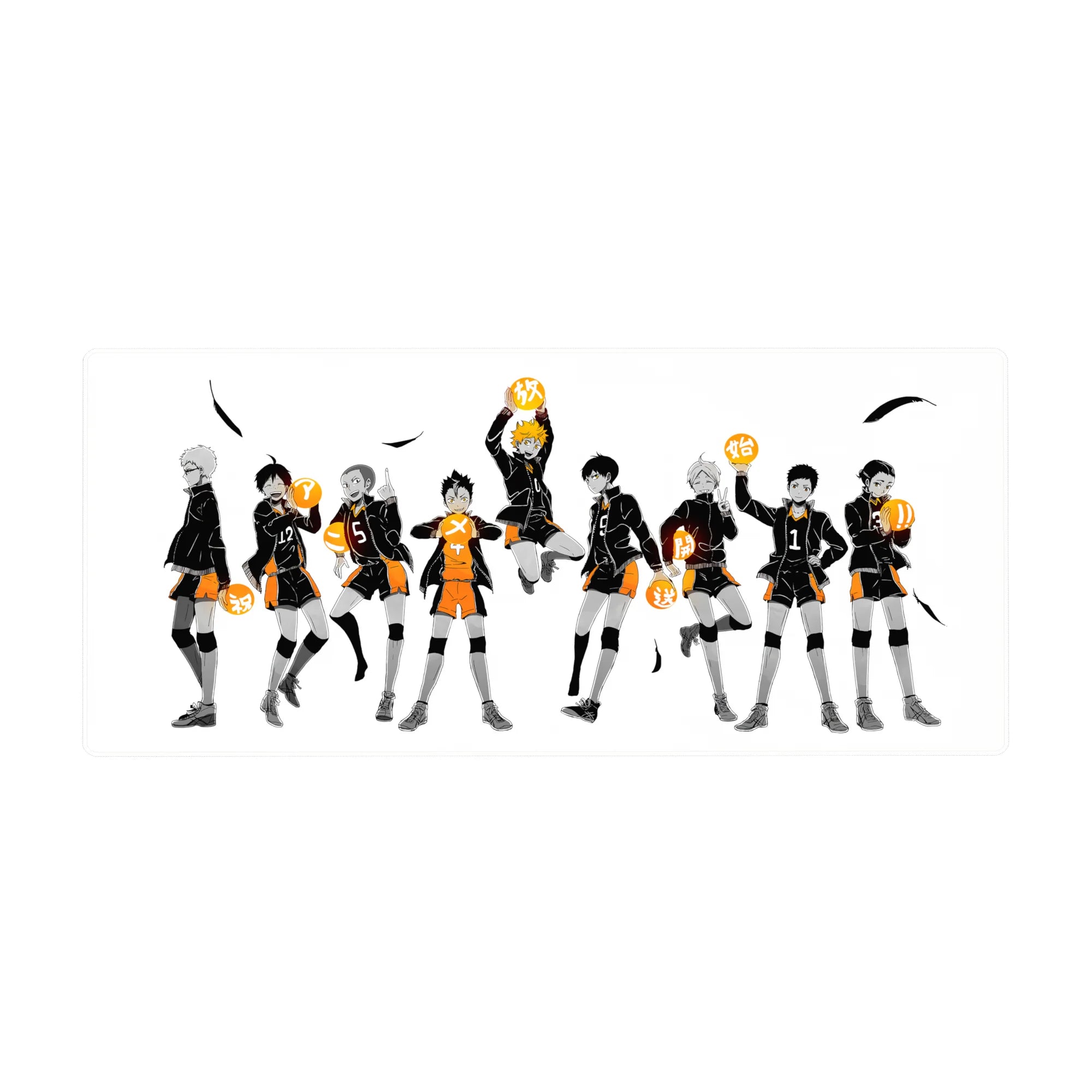 Haikyuu anime desk pad 36x16 inches with team lineup, white space, sharp ink art, and black feathers.