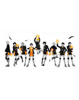 Haikyuu anime desk pad 36x16 inches with team lineup, white space, sharp ink art, and black feathers.