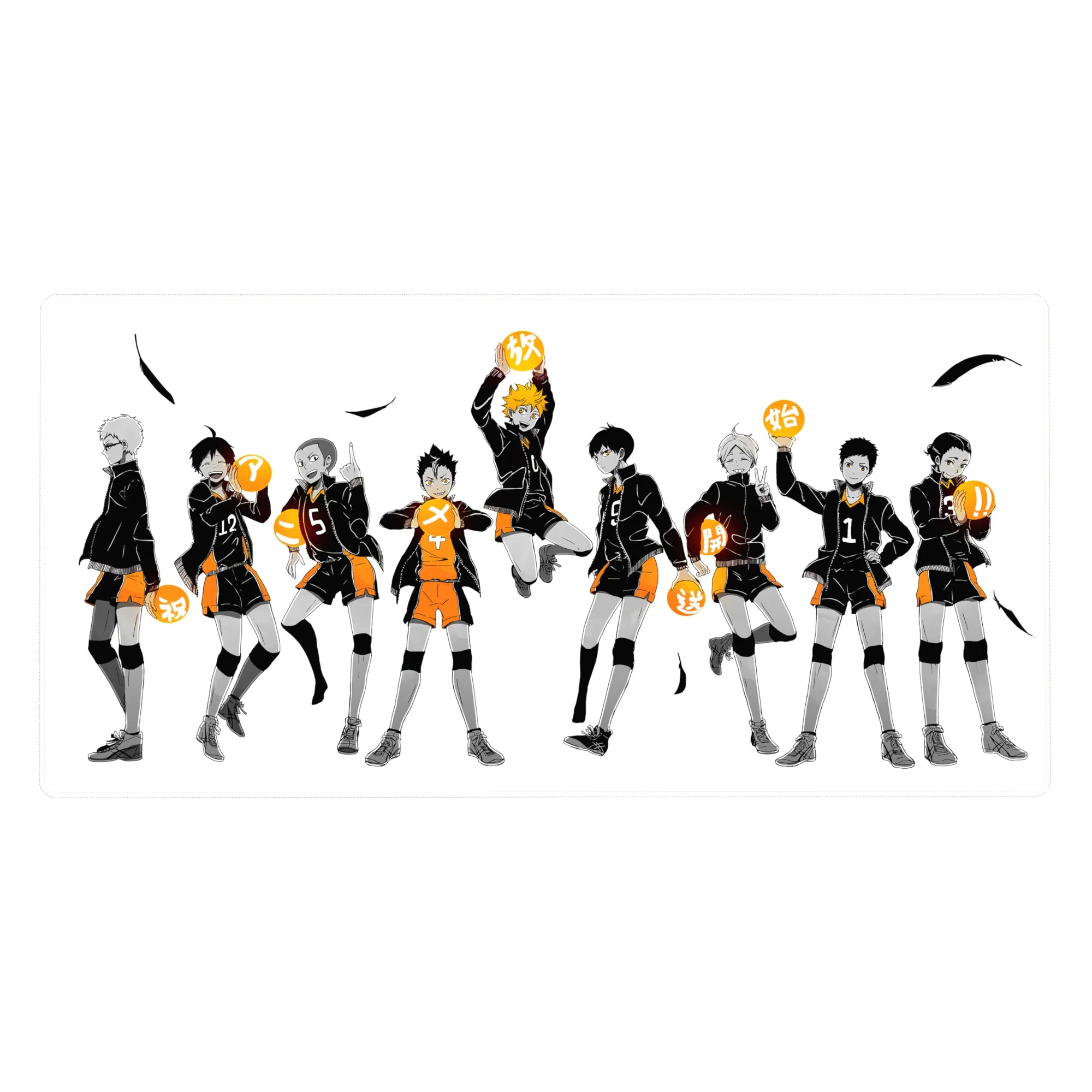 Haikyuu-inspired anime desk pad 40x20 inches with volleyball team lineup, clean white space, black feathers.