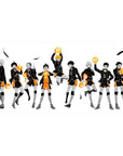 Haikyuu-inspired anime desk pad 40x20 inches with volleyball team lineup, clean white space, black feathers.