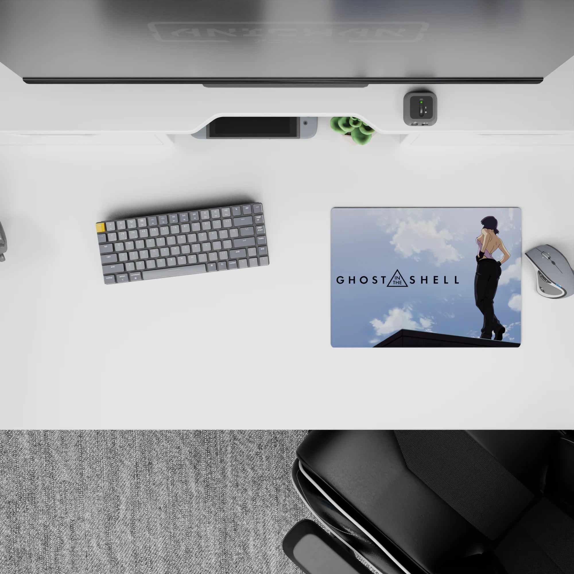 Sky-blue clouds anime girl mouse pad 14x10 inches with minimalist black outfit contrast, calm cyber mood.