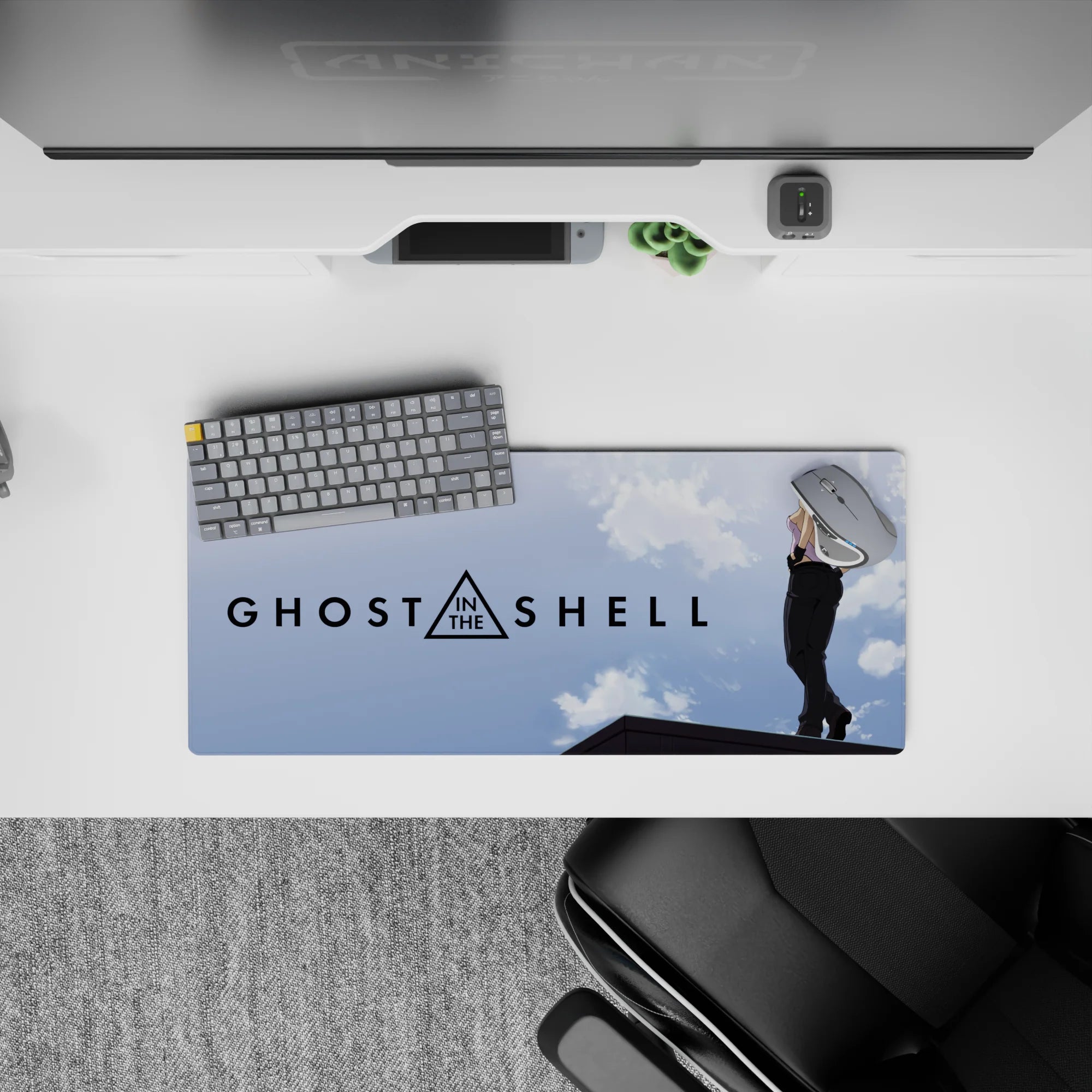 Sky-blue clouds anime girl mouse pad 28x12 inches, airy minimalist look with calm, cozy futuristic vibe.