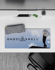 Sky-blue clouds anime girl mouse pad 28x12 inches, airy minimalist look with calm, cozy futuristic vibe.