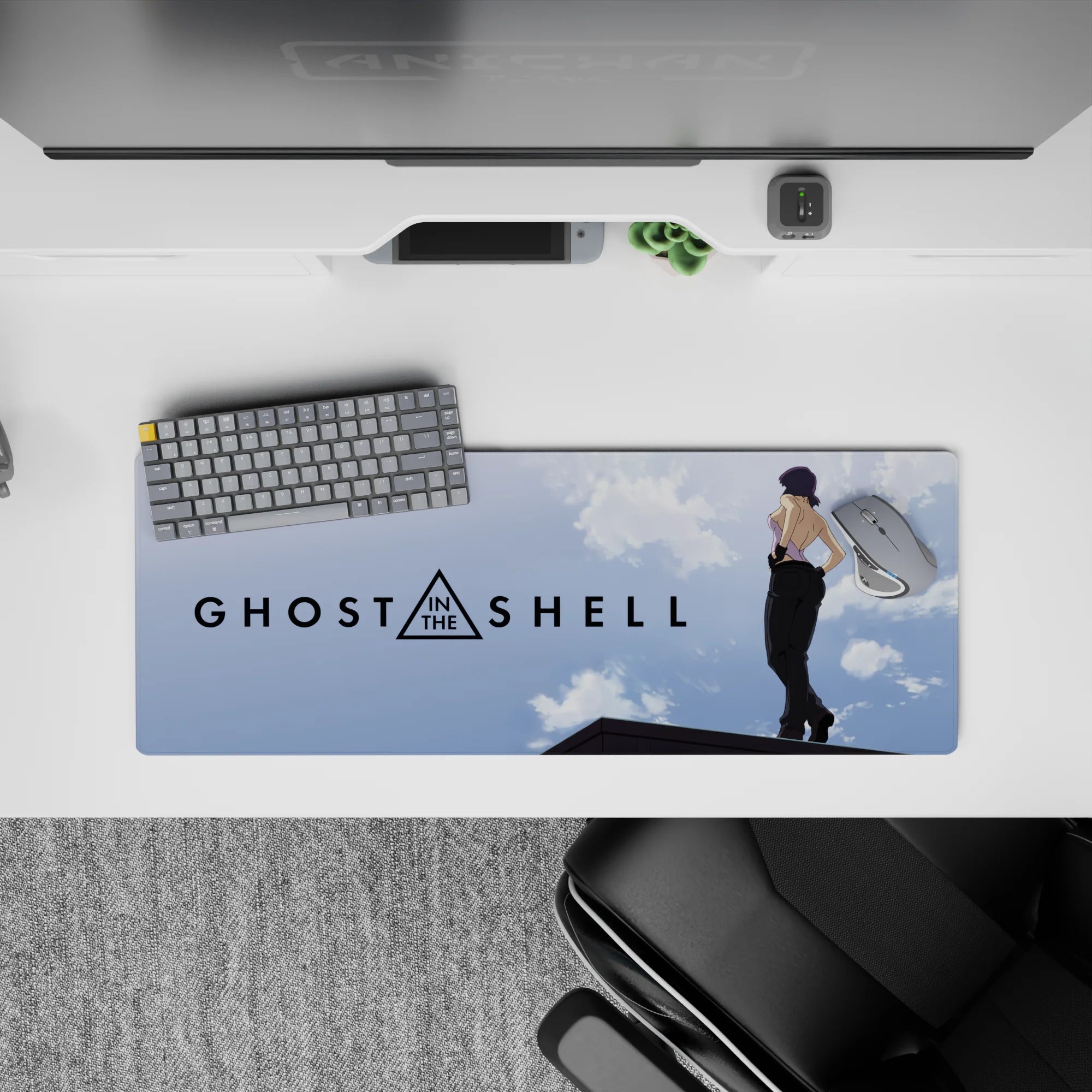 32x12 inches anime desk mouse pad in sky-soft blues with drifting clouds and clean sci-fi vibe.