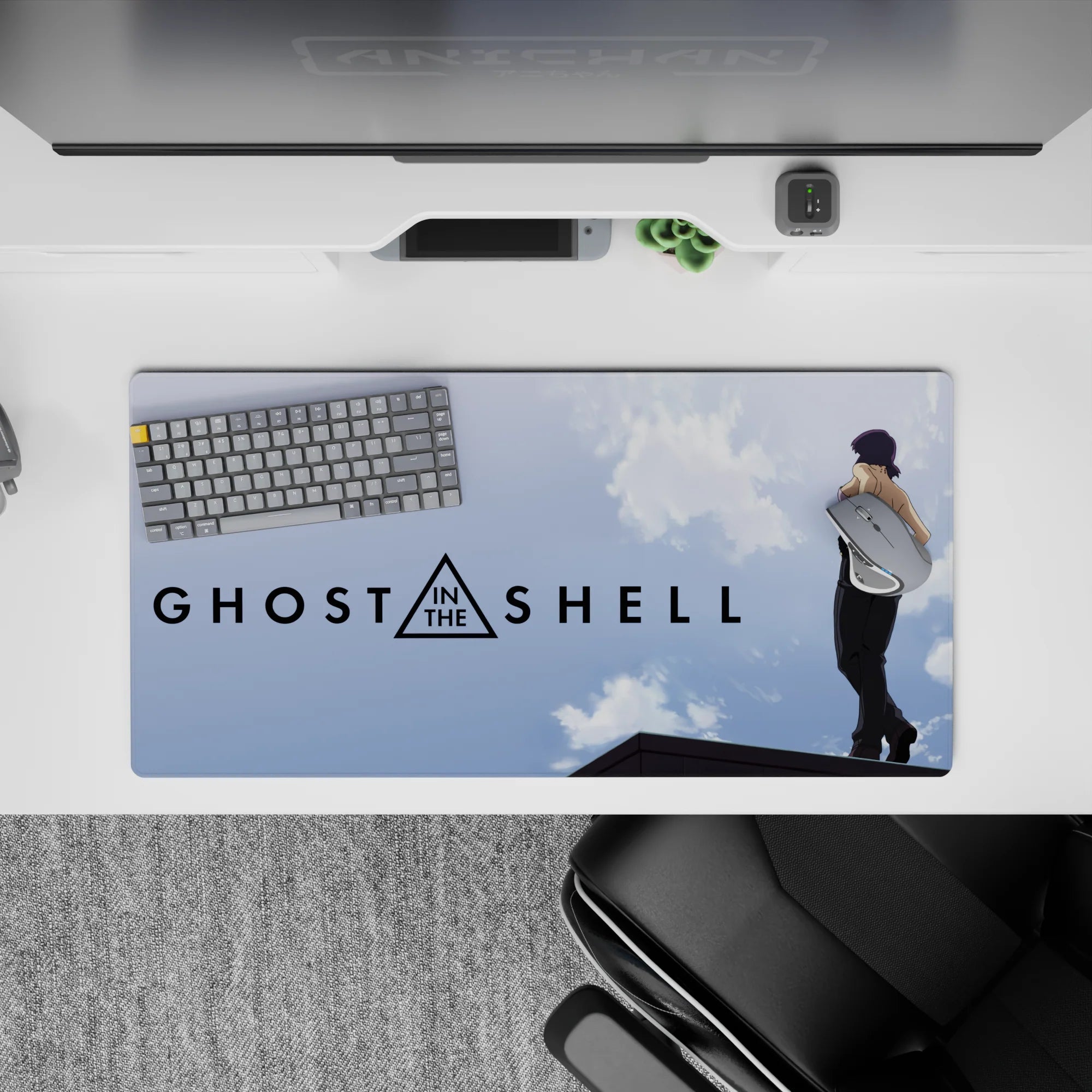 32x16 inches anime desk mouse pad in sky-soft blues with drifting clouds and clean minimalist sci-fi vibe.