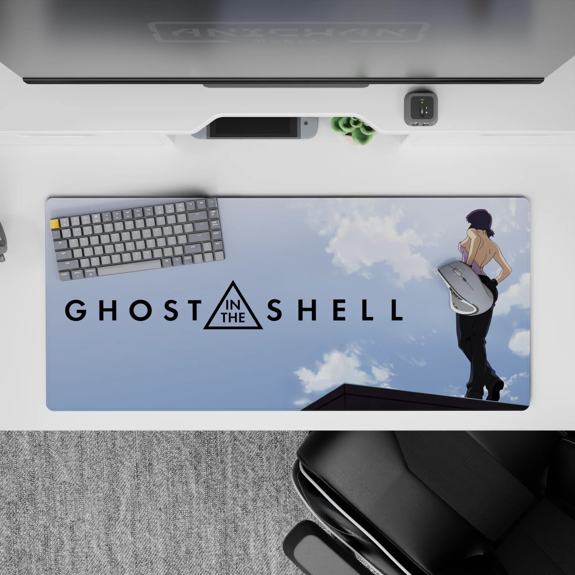 36x16 inches anime desk pad in sky-soft blues and drifting clouds, minimalist and cozy cyberpunk vibe.