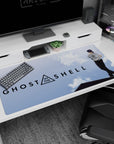 Motoko Kusanagi rooftop anime desk pad 40x20 inches, over-the-shoulder pose in black pants and gloves.