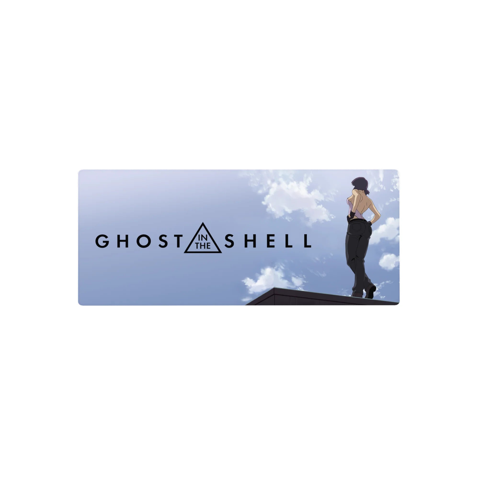 Ghost in the Shell anime girl mouse pad 28x12 inches with rooftop pose, bold sci-fi lettering, clean lines.