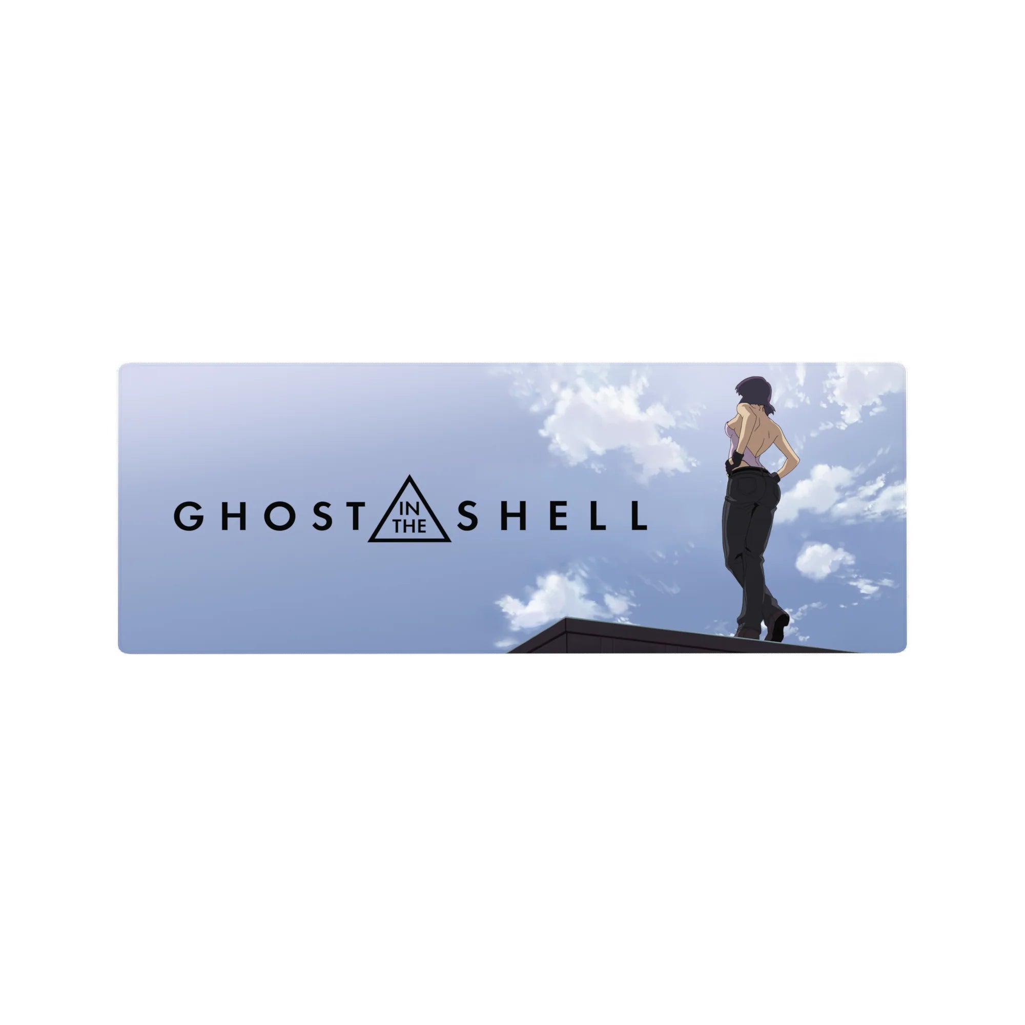 32x12 inches anime girl mouse pad with rooftop Motoko Kusanagi and bold Ghost in the Shell text.