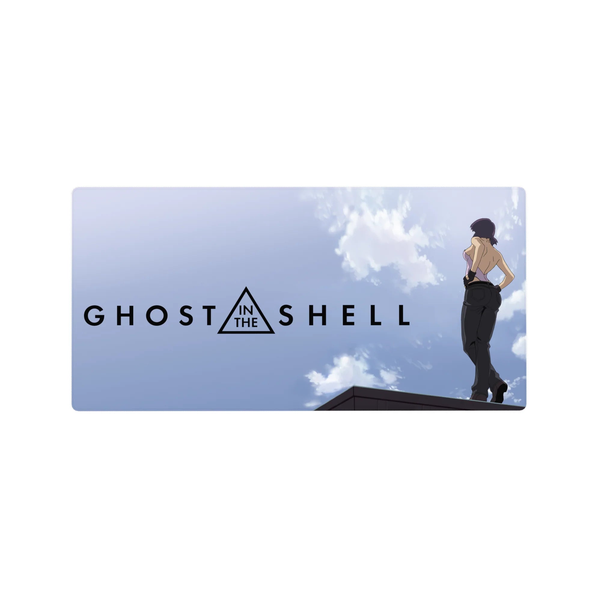 32x16 inches anime girl mouse pad with rooftop pose, sky clouds backdrop, and Ghost in the Shell lettering.