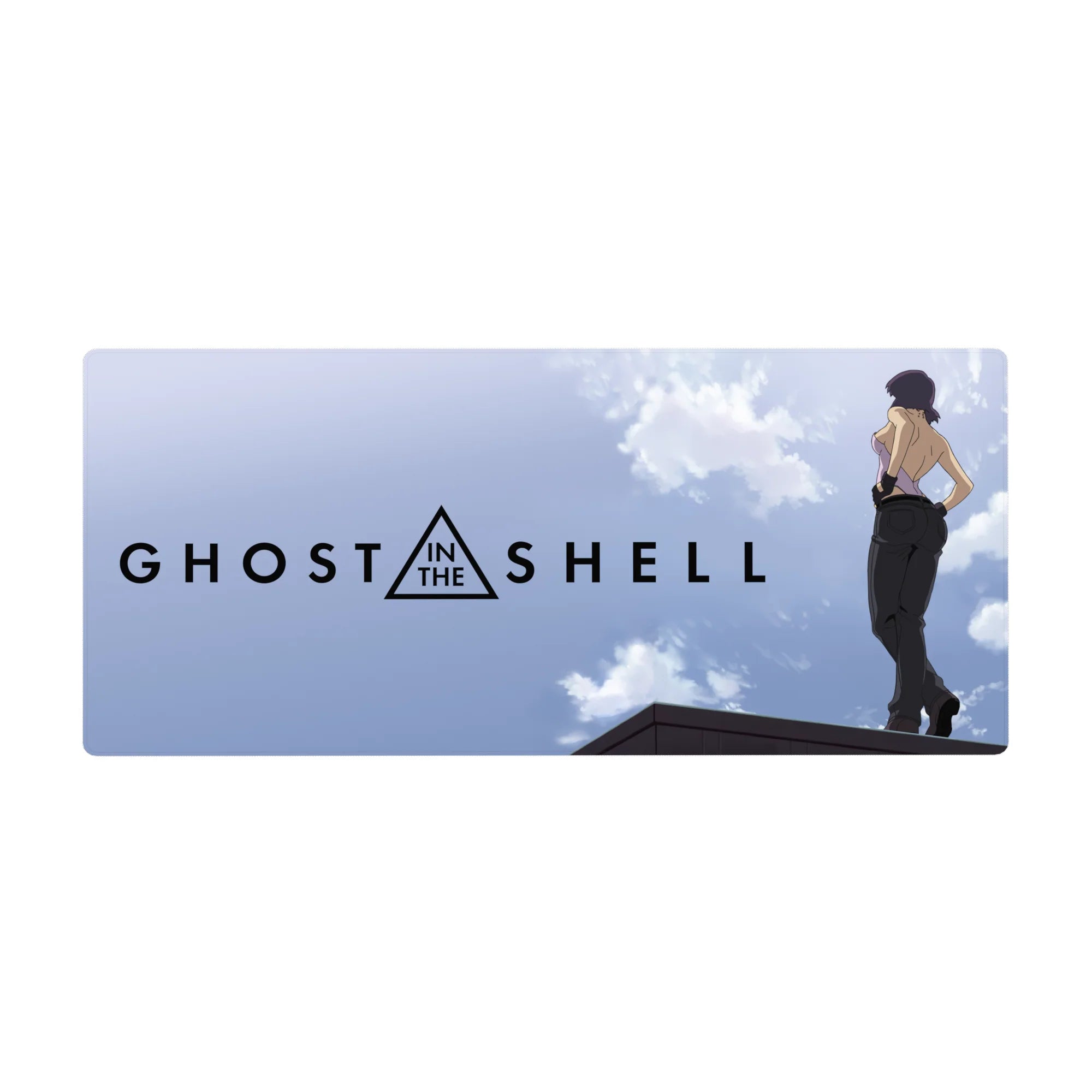 36x16 inches anime girl desk pad with Motoko rooftop pose, bold Ghost in the Shell sci-fi lettering.